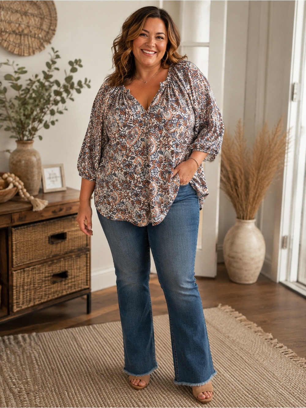 Paisley Boho Peasant Blouse 100% Rayon Blue Peach Boho Peasant 2x casual chic